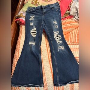 Trendy Distressed Flare Jeans in Classic Blue
